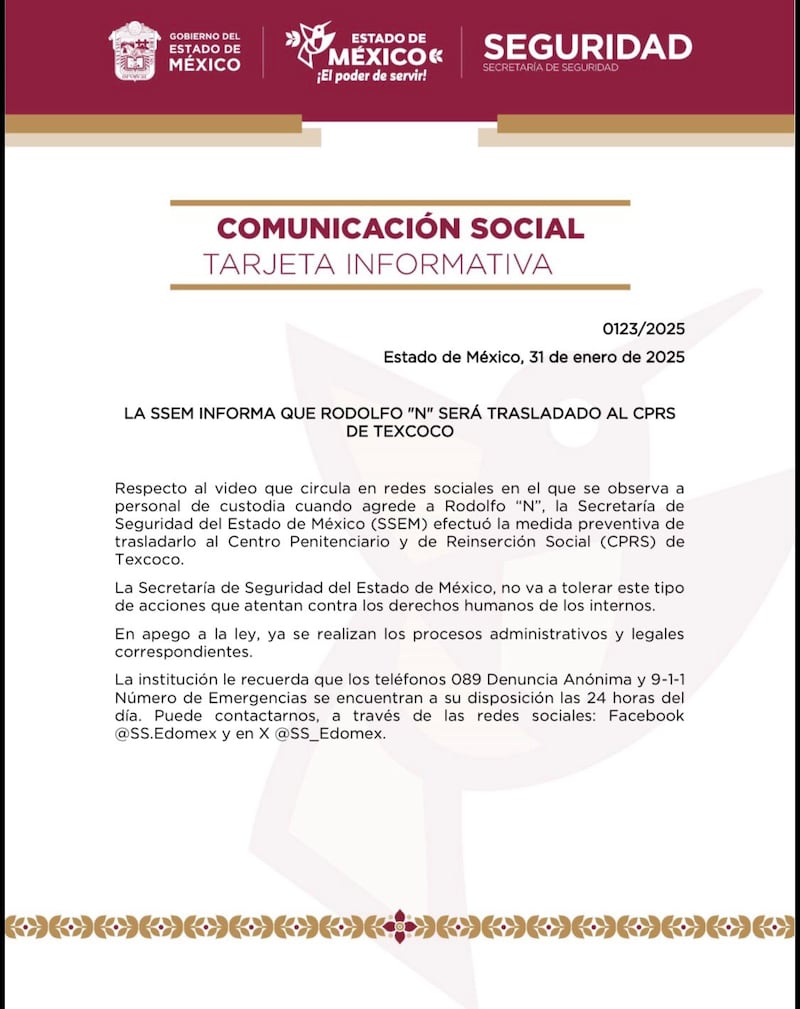 Tarjeta Informativa de la Secretaría de Seguridad del Edomex