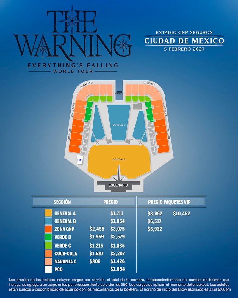 Mapa oficial y rango de precios del concierto de The Warning en el Estadio GNP Seguros para el viernes 5 de febrero.