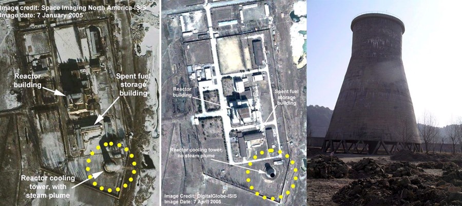 Combo fotográfico con imágenes de archivo de la planta nuclear norcoreana de Yongbyon, demolida en 2008