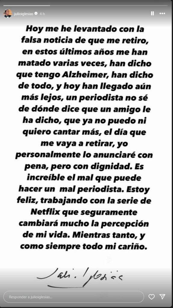 "El día que me vaya a retirar, yo personalmente lo anunciaré", dice Julio Iglesias - julio-iglesias-575x1024