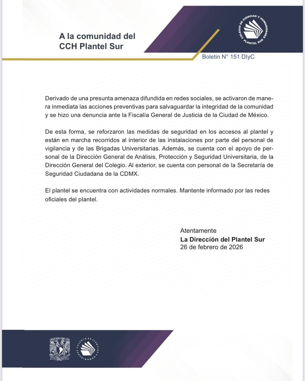 Comunicado CCH Sur
