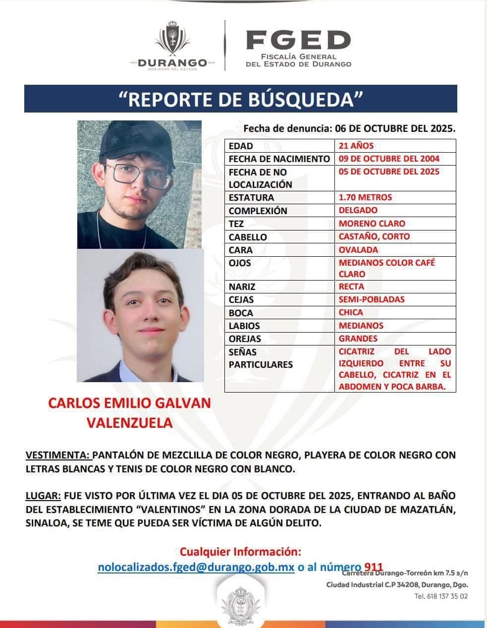 Carlos Emilio Galván, joven de Durango desaparecido
