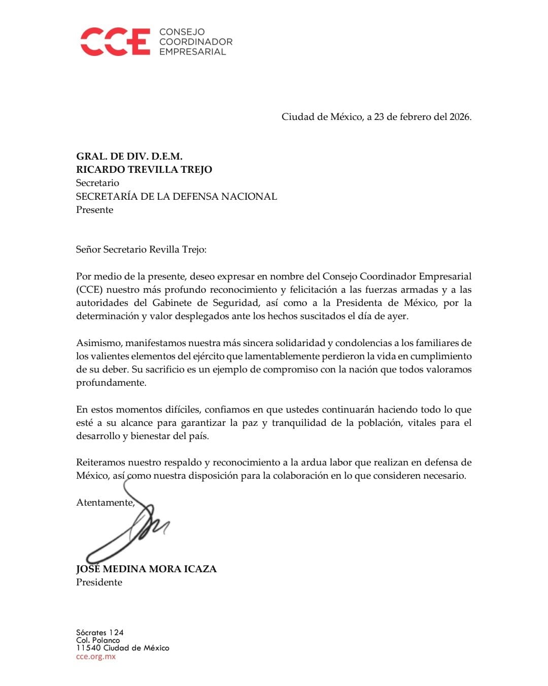 CCE felicita a Sheinbaum y Fuerzas Armadas tras operativo contra El Mencho