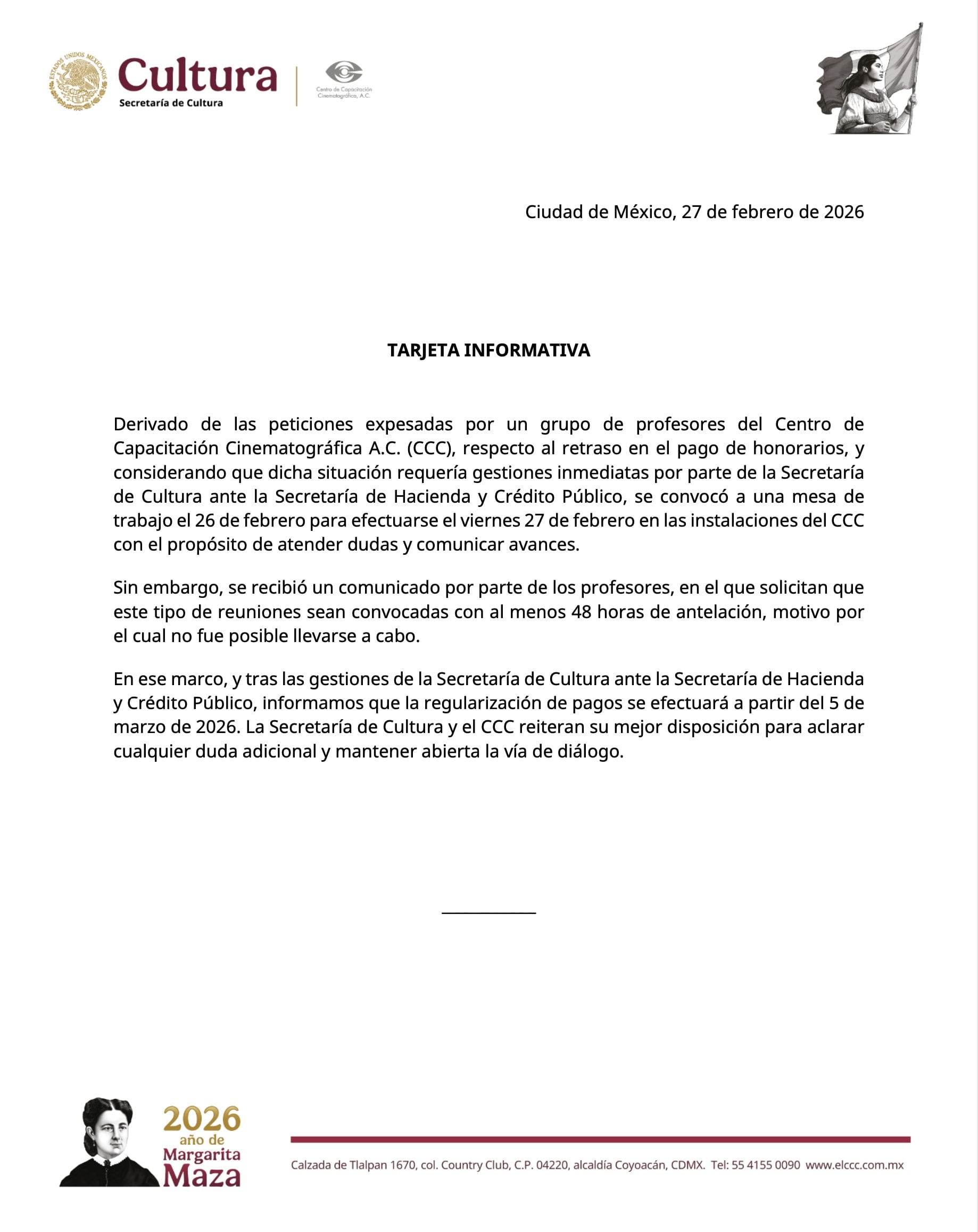 Secretaría de Cultura anuncia fecha para regularizar pagos en IMCINE y CCC