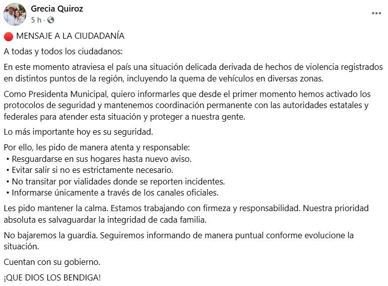 Grecia Quiroz llama a la calma en Uruapan por bloqueos y pide resguardarse