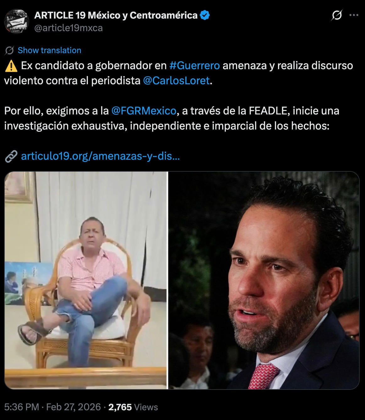 Artículo 19 pide a la FGR investigar amenaza contra Carlos Loret de Mola