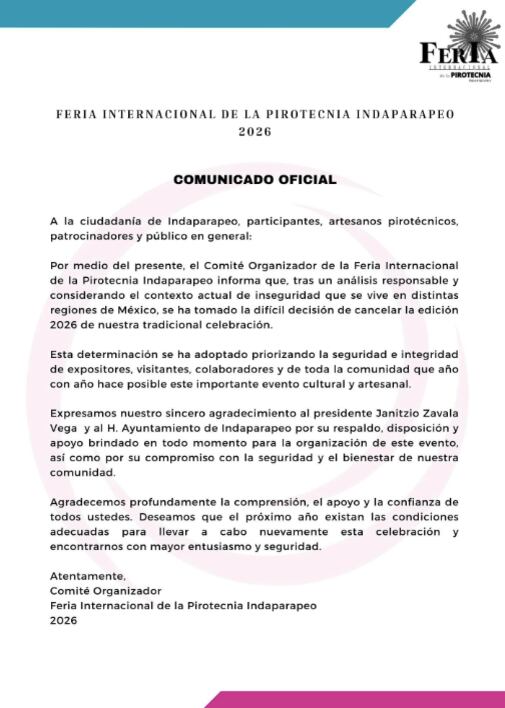 Comunicado de la Feria Internacional de la Pirotecnia Indaparapeo