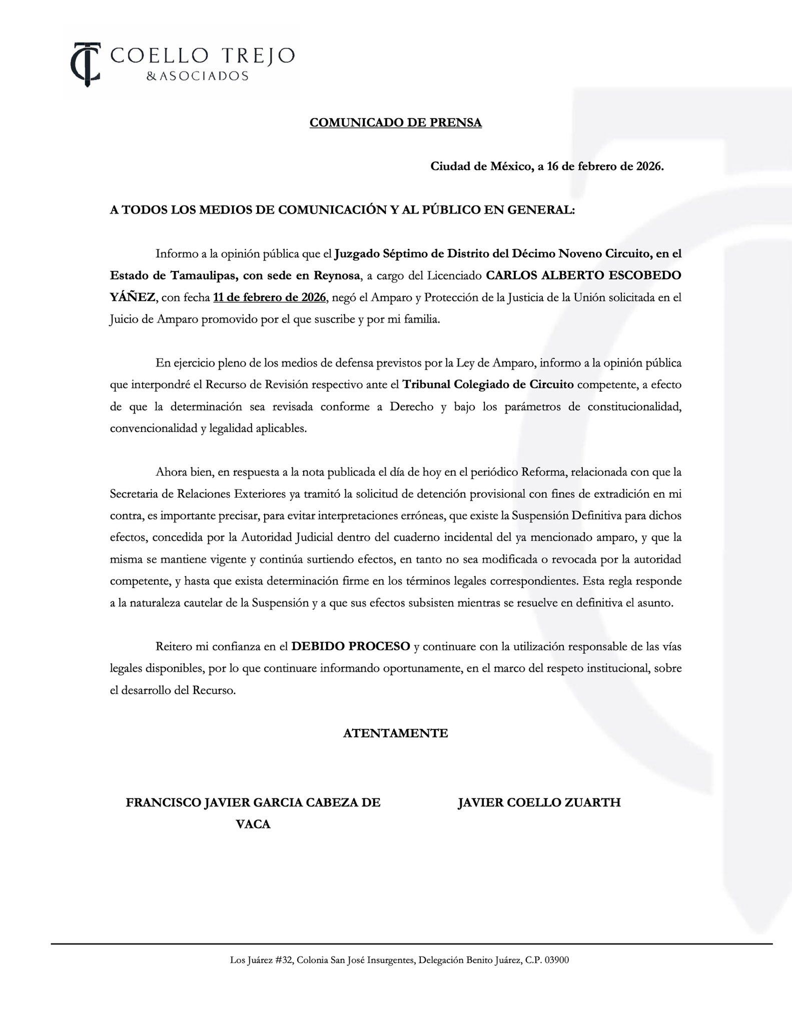 Francisco García Cabeza de Vaca revela amparo contra orden de extradición desde Estados Unidos