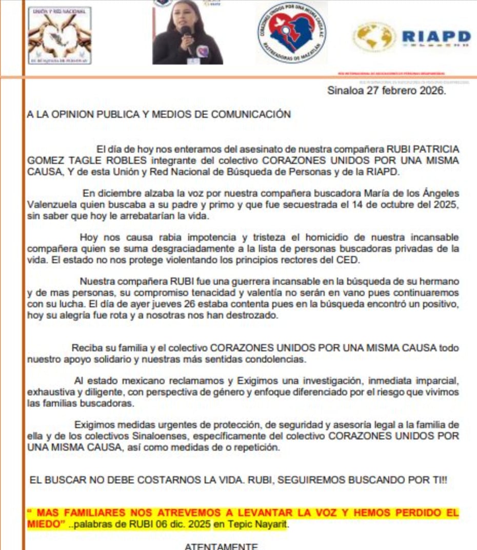 Colectivo de Madres  buscadoras lamenta la muerte de Rubí Patricia Gómez Tagle