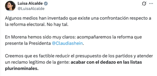 Luisa Alcalde rechaza ruptura de Morena, PT y Partido Verde