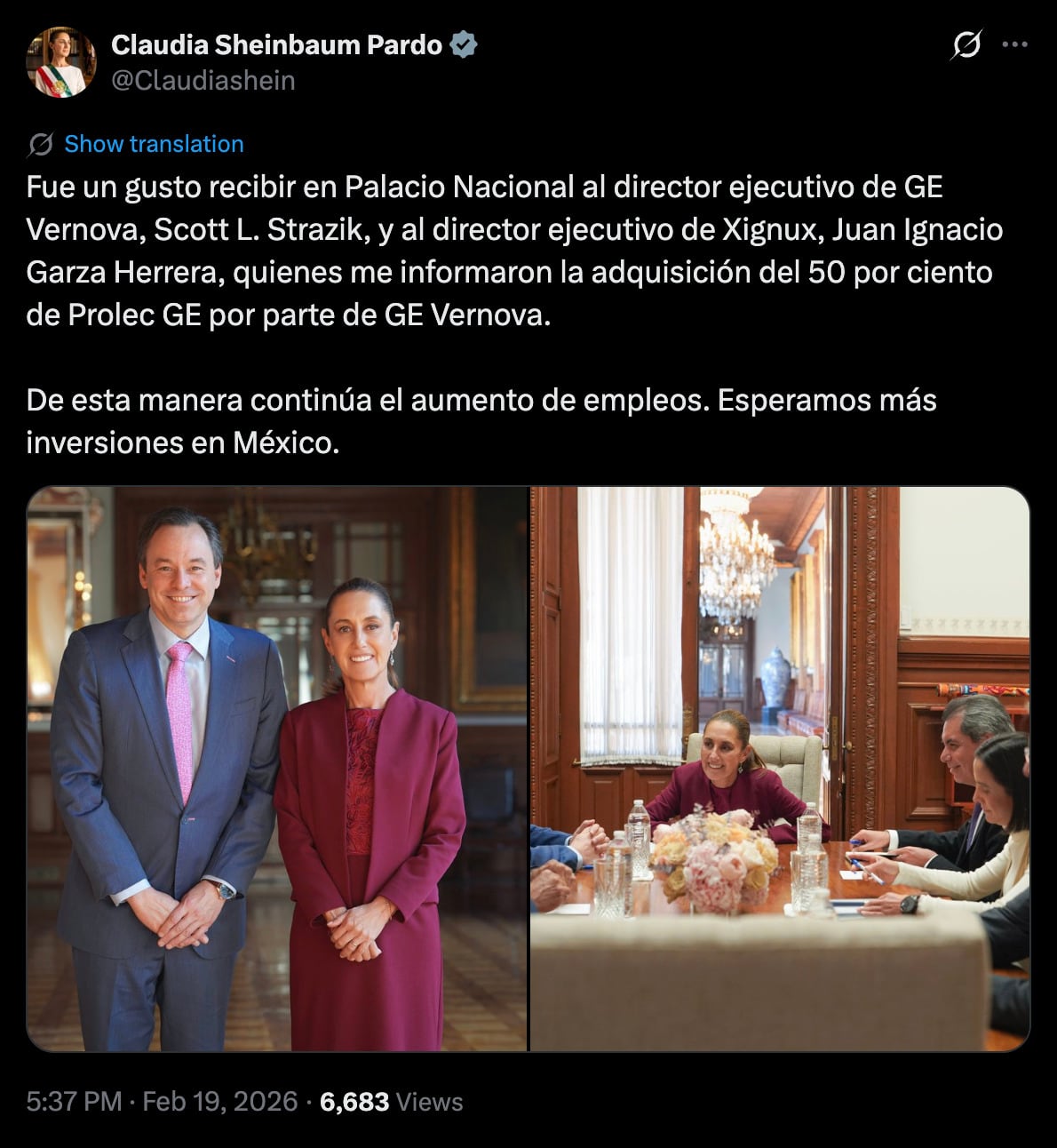 mf4emqijgrdzfjvyvxbhabztpe Sheinbaum recibe a GE Vernova en Palacio Nacional tras compra de Prolec Energy