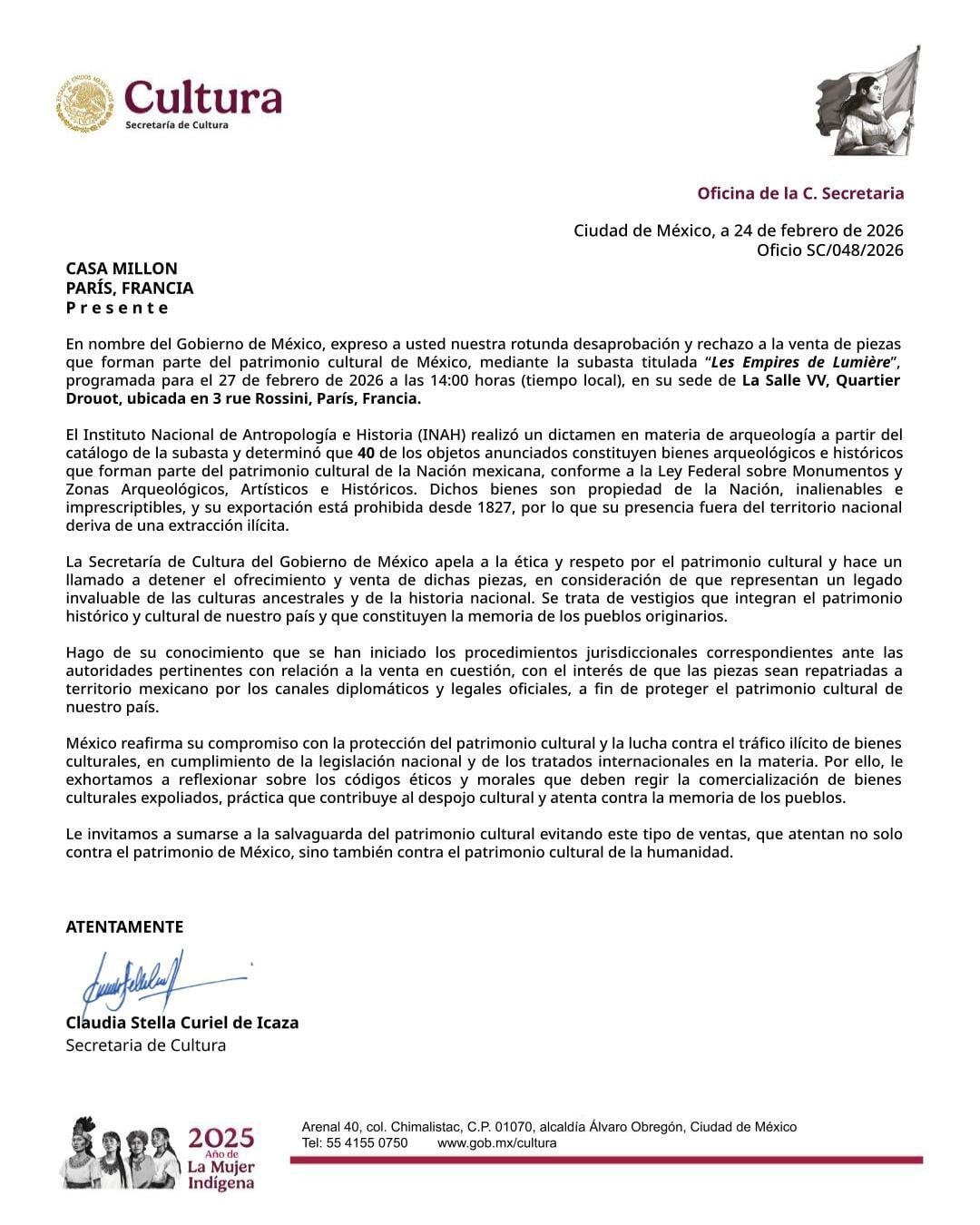 Comunicado de la Secretaría de Cultura sobre subasta ilegal en París de piezas prehispánicas.