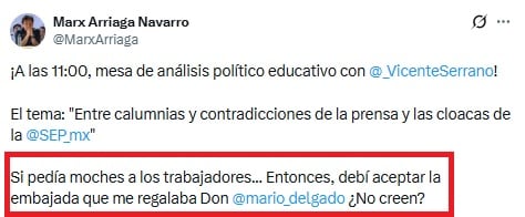 Marx Arriaga manda mensaje a Mario Delgado.