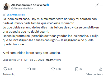 Rojo de la Vega se pronuncia tras accidente de alumnos de la Ibero