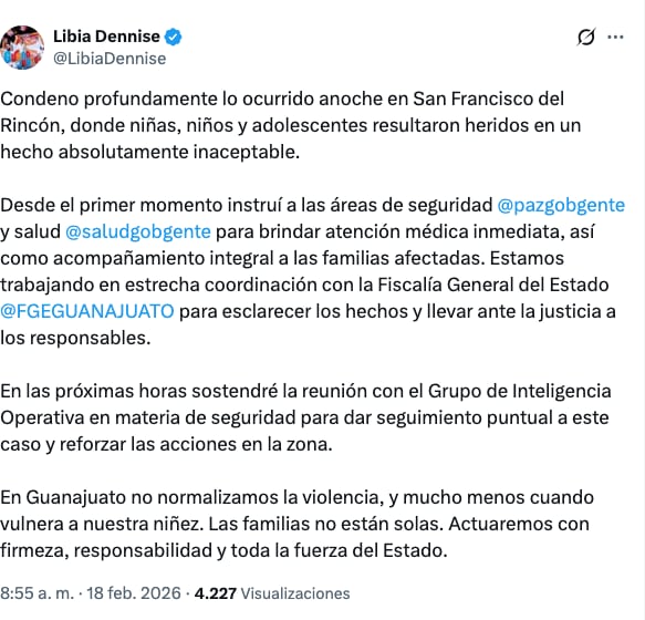 Libia Dennise sobre el ataque armado en San Francisco del Rincón, Guanajuato