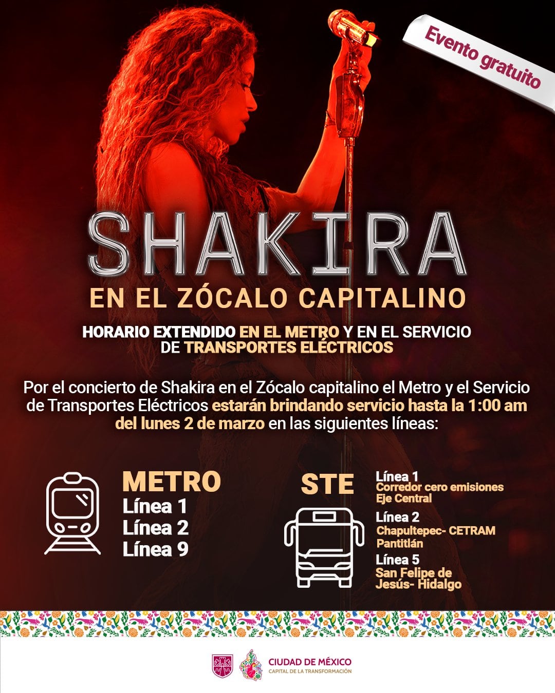 Por Shakira, habrá horario extendido del Metro, Metrobús y Trolebús este 1 de marzo