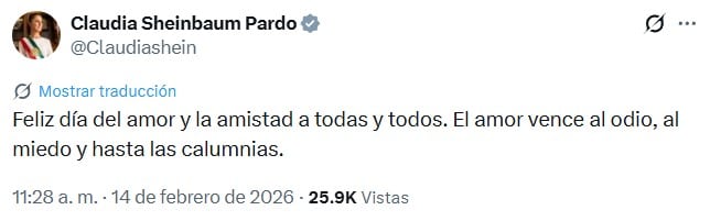 Mensaje de Claudia Sheinbaum este 14 de febrero