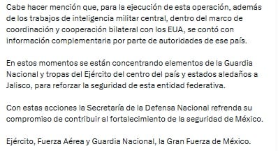 Defensa informa la muerte de El Mencho en operativo en Tapalpa, Jalisco.