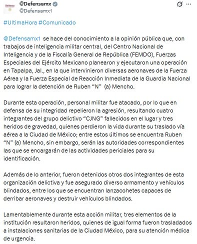 Defensa informa la muerte de El Mencho en operativo en Tapalpa, Jalisco.
