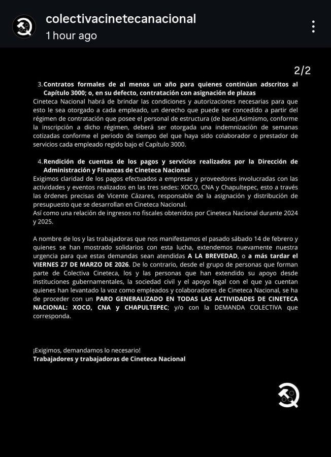 vq27sphibff2vjomduaoukzy2e Trabajadores de la Cineteca ponen fecha para resolver conflicto laboral
