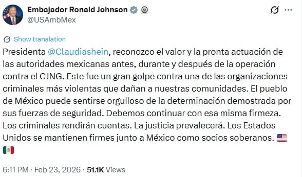 y4ah43wde5bkrn5vxrdzhageqy Ronald Johnson reconoce actuación de México por muerte de El Mencho