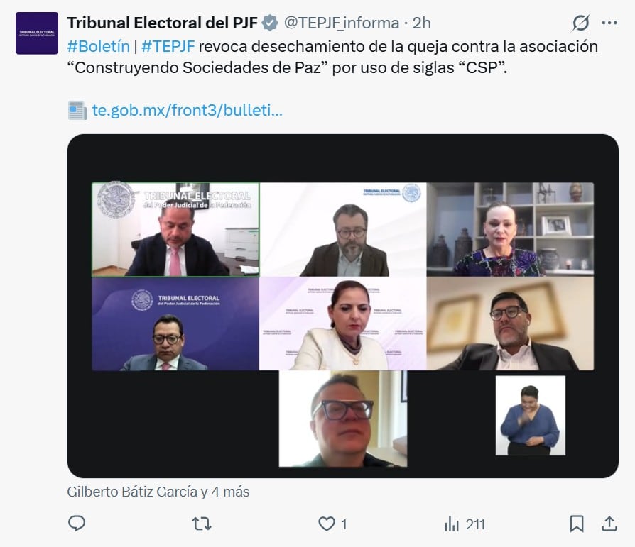 yqzr2lvgxngaxif3wpu43o35wm TEPJF revoca desechamiento de recurso contra Construyendo Sociedades de Paz