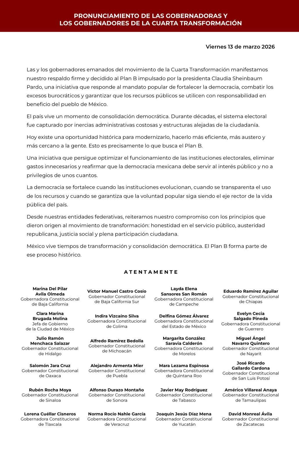 4T respalda Plan B de Sheinbaum