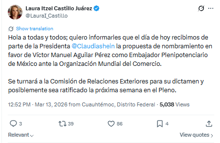Manuel Aguilar como Embajador ante Organización Mundial del Comercio