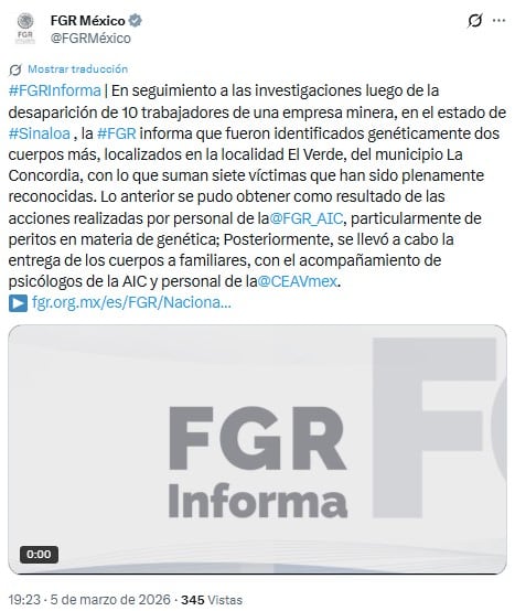 FGR confirma identidad de dos trabajadores de minera asesinados en La Concordia