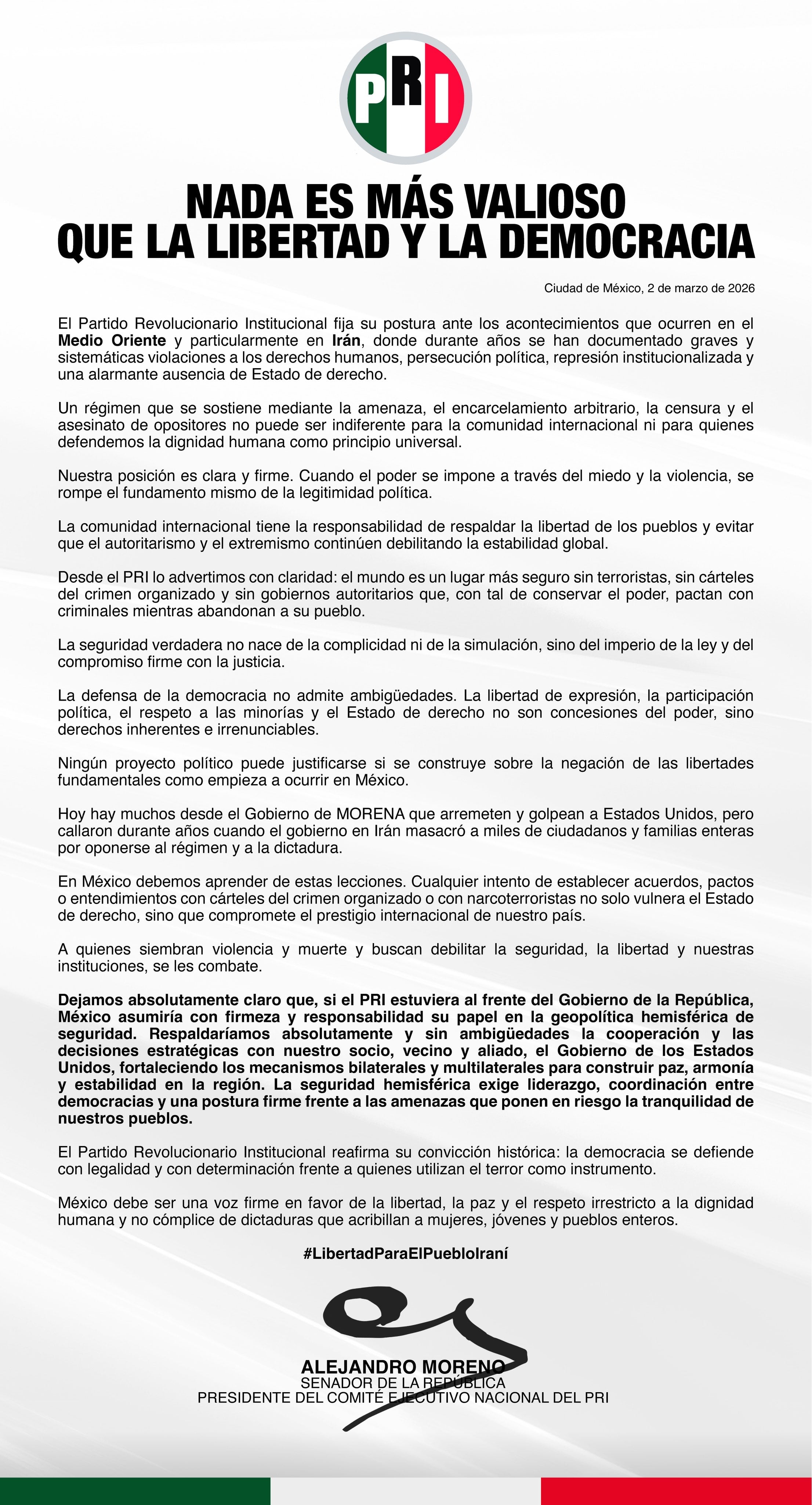 Alito Moreno fija postura por ataques contra Irán y respalda a Estados Unidos