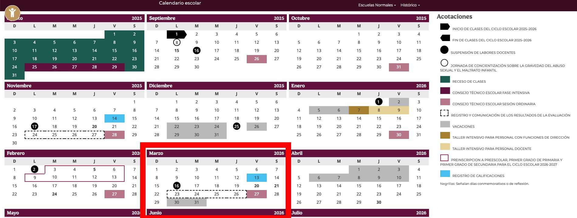 Calendario del ciclo escolar 2025-2026