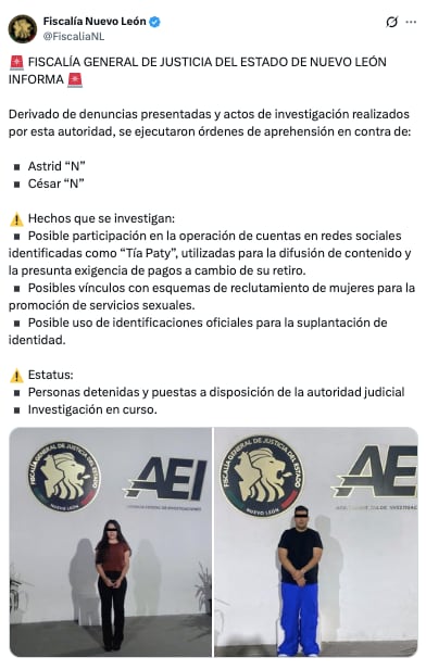 Fiscalía de Nuevo León detiene a administradores detrás de Tía Paty