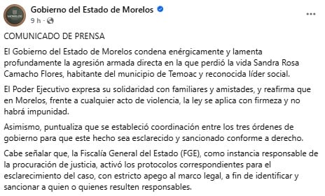 Comunicado del gobierno de Morelos sobre el asesinato de Sandra Rosa Camacho Flores.