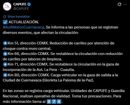 dzxw6dkrzvcpxhxo6aibv7q4o4 Restablecen circulación en la México-Cuernavaca tras accidente en La Pera