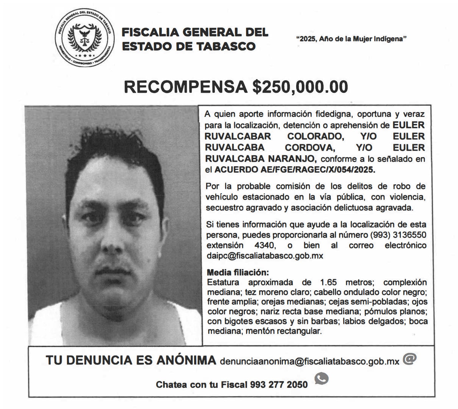 Euler Rubalcaba: Fiscalía de Tabasco ofrece 250 mil pesos