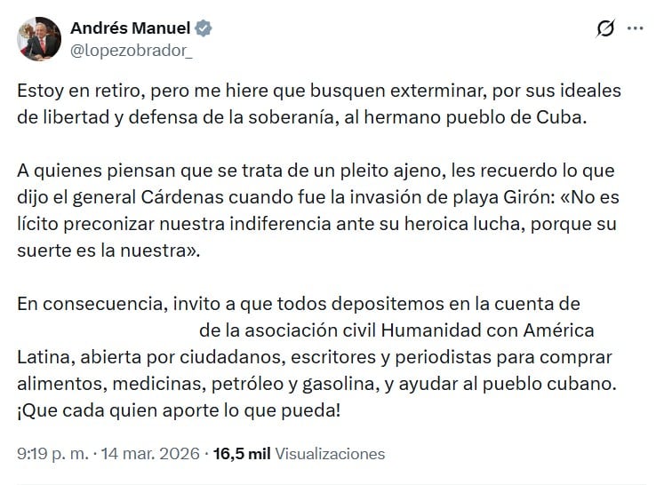 AMLO reaparece para llamar a defender a Cuba