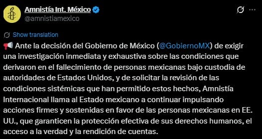 Muerte bajo custodia del ICE: Amnistía Internacional respalda a México