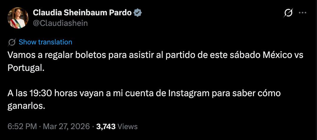 Sheinbaum regalará boletos para el México vs Portugal