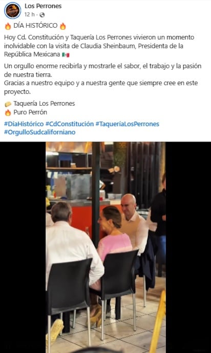 Claudia Sheinbaum come tacos en Taquería Los Perrones durante gira en BCS