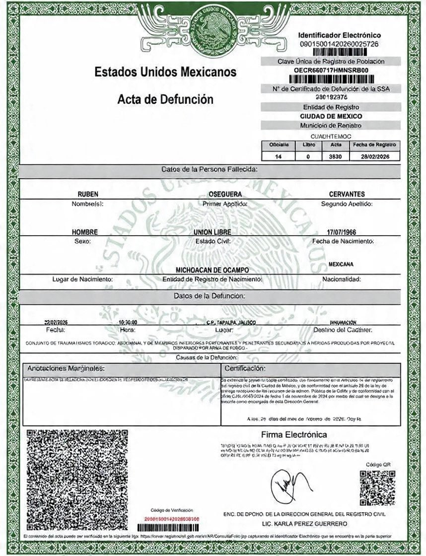 Filtran acta de defunción de Nemesio Oseguera Cervantes, 'El Mencho'
