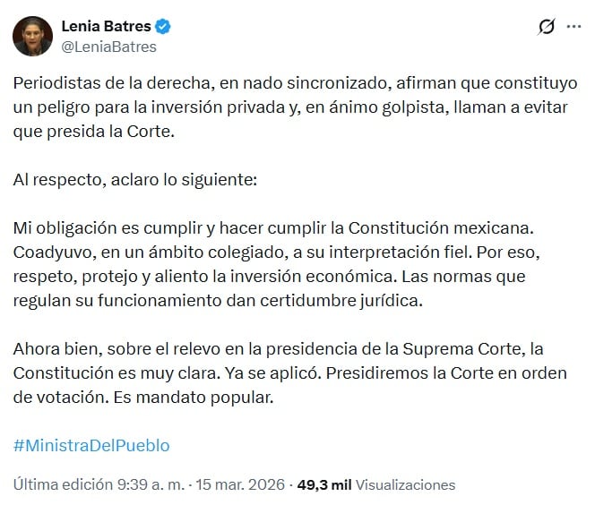 Lenia Batres reitera que será ministra presidenta de la SCJN
