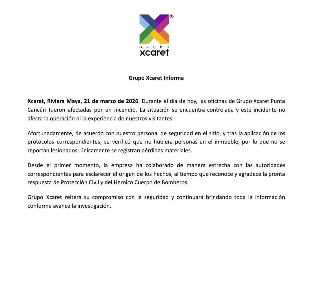 pewbbk4amzgwle4ckzvgz4csxy Comunicado de Grupo Xcaret sobre el incendio en sus oficinas en Cancún.