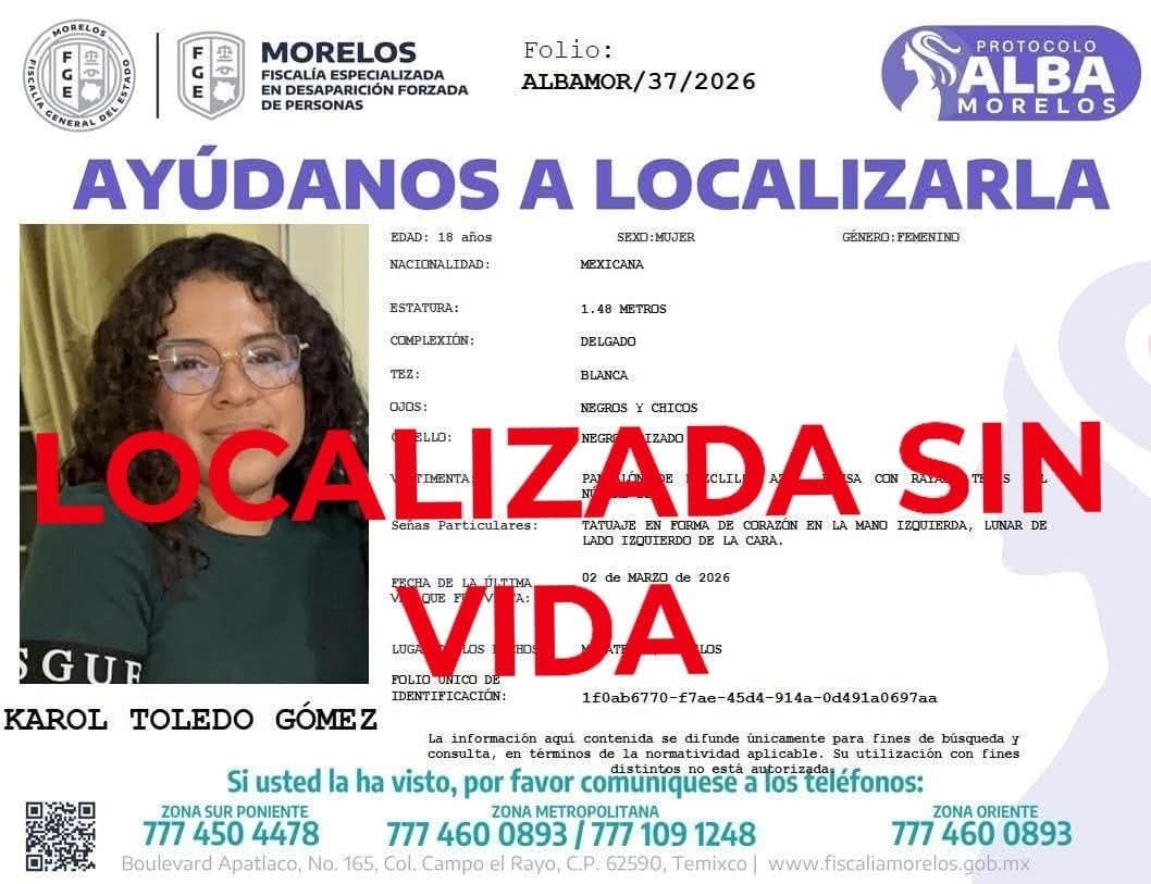 Fiscalía de Morelos confirmó que el cuerpo hallado en Coatetelco corresponde a Karol Toledo, estudiante desaparecida desde el 2 de marzo.