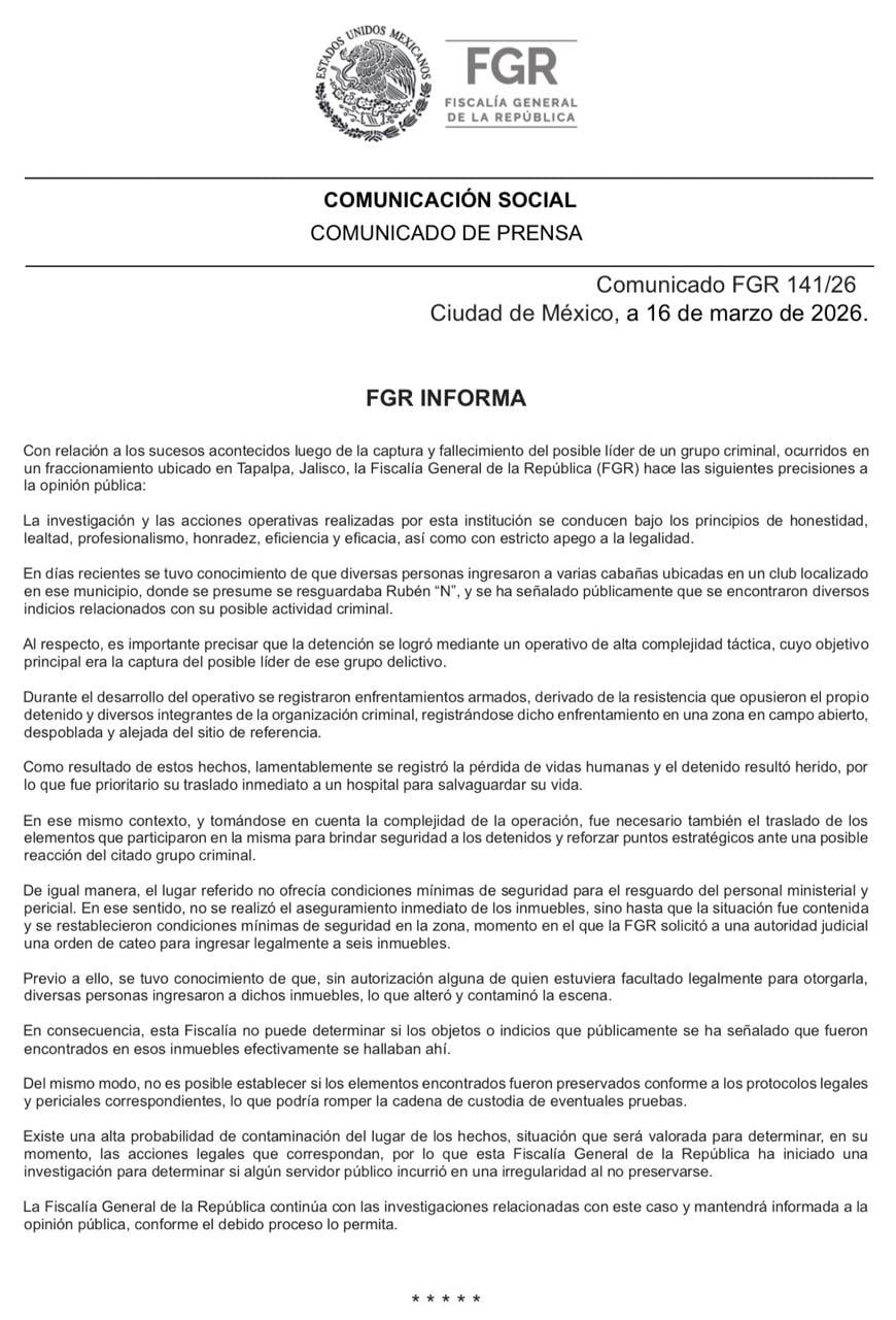 Comunicado de la FGR sobre el ingreso a la cabaña de El Mencho.