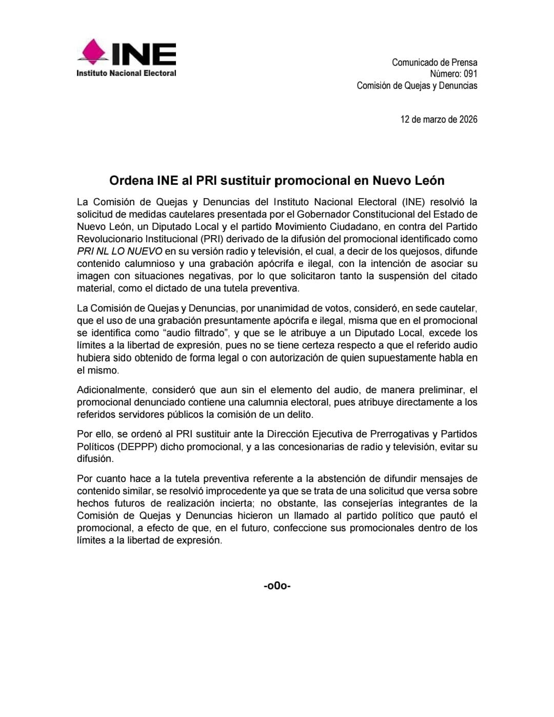 INE ordena al PRI sustituir promocional difundido en Nuevo León