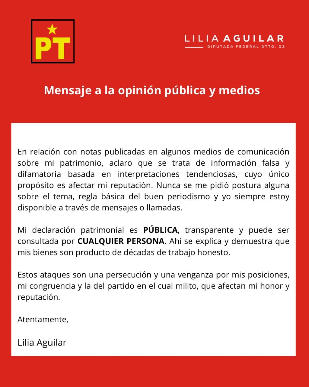 Lilia Aguilar señala persecución tras señalamientos sobre su declaración patrimonial