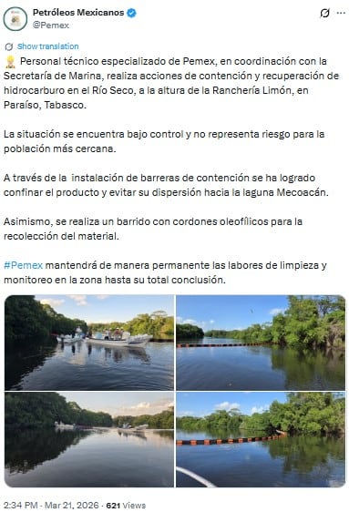 Pemex afirma que derrame en Río Seco está bajo control