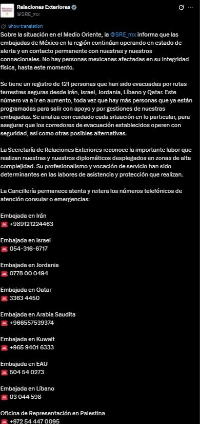 México evacúa a 121 connacionales; embajadas en Medio Oriente siguen en alerta