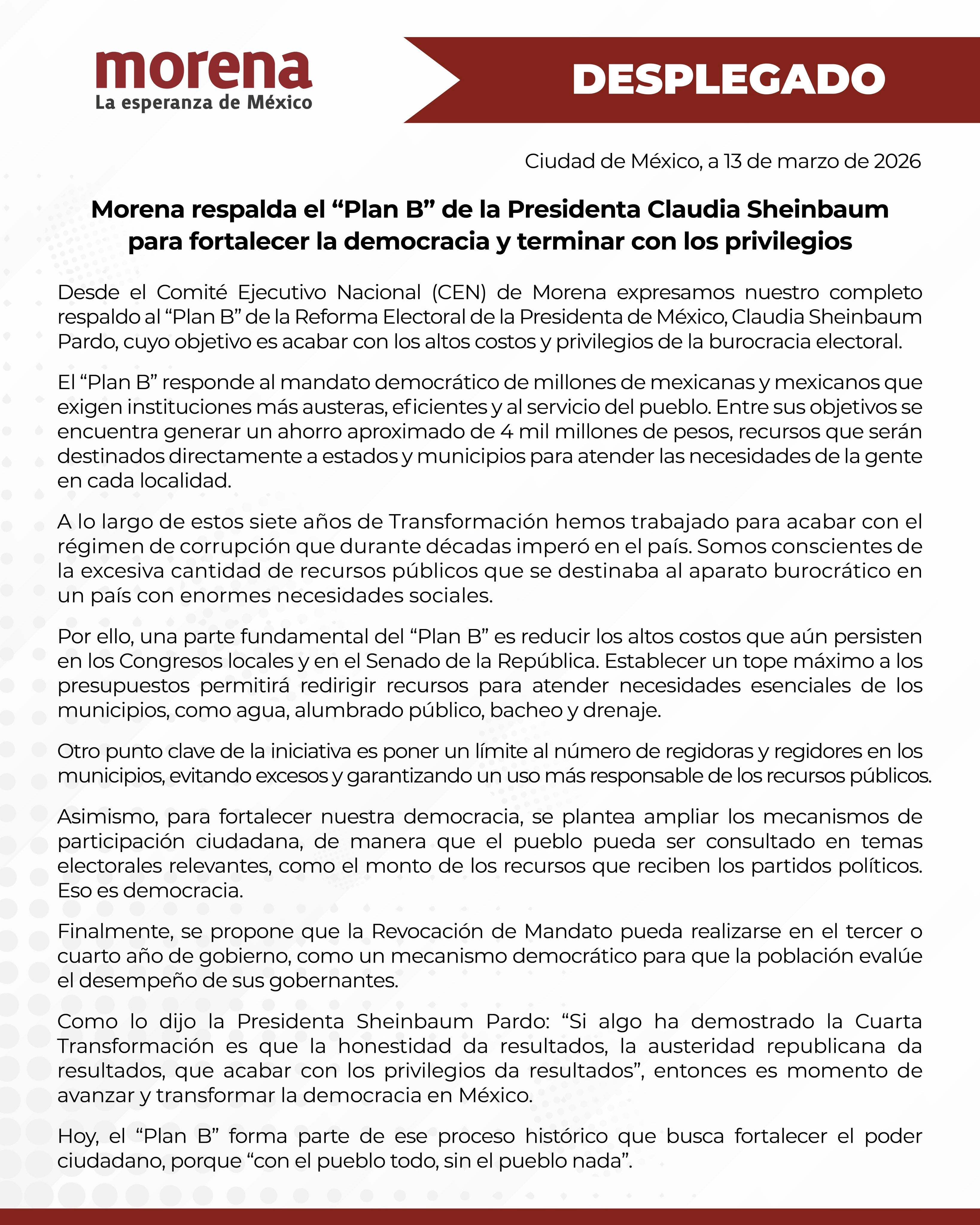 Morena respalda el Plan B de Sheinbaum para acabar con privilegios