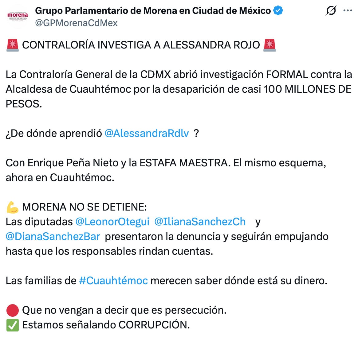 Morena denuncia a Alessandra Rojo de la Vega por desvío de 97 millones de pesos